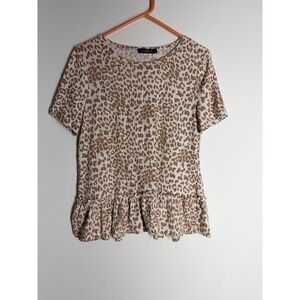 Cure Womens Leopard Print Ribbed Peplum Top Brown Tan Short Sleeve‎ Crew Neck M